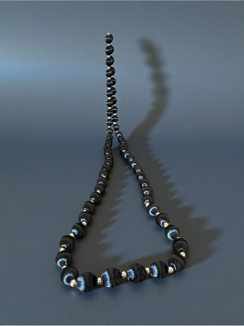 Vintage Black Satin Wrapped Bead Necklace 30” + Gold Tone Spacers 70s 80s
